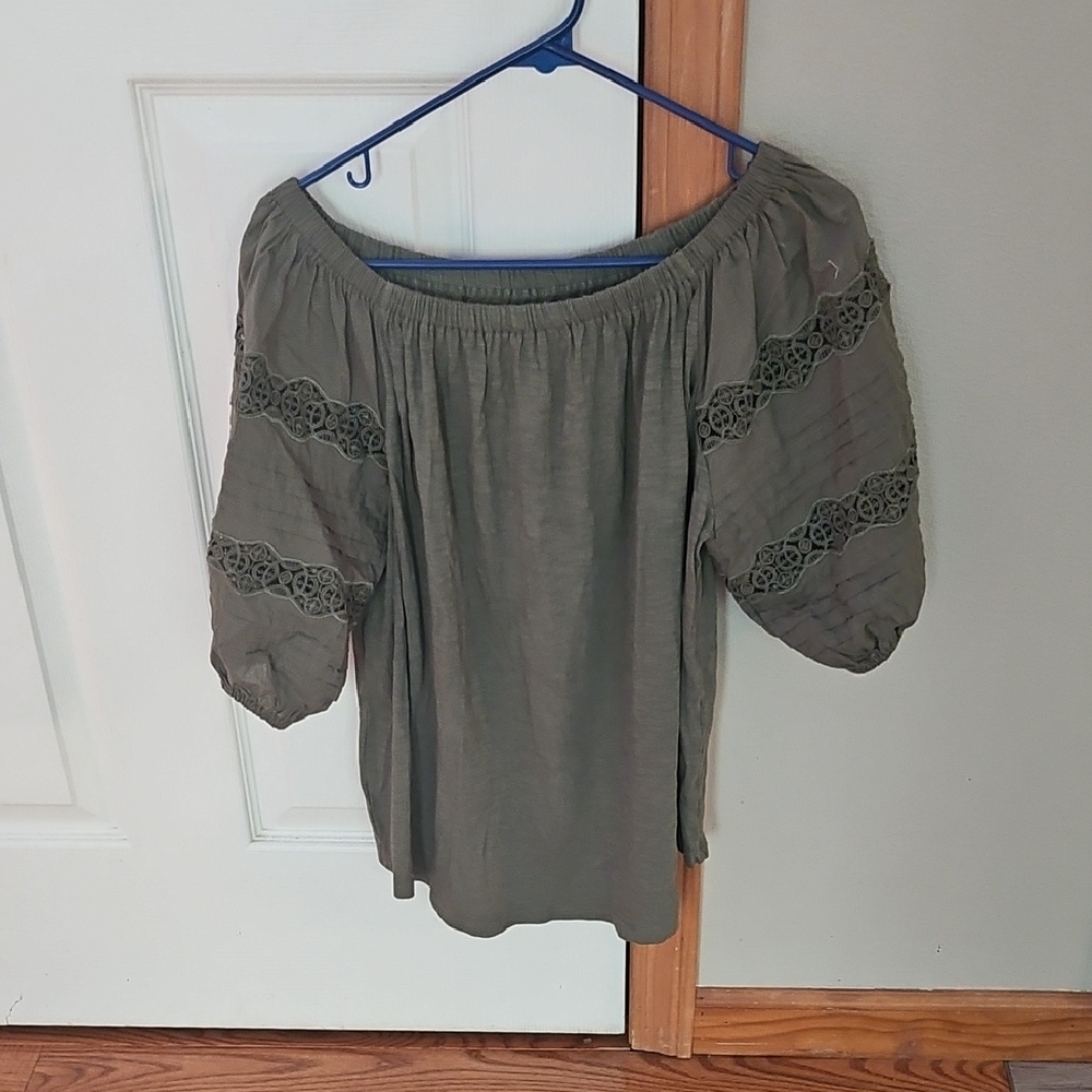 LOFT Olive Green Blouse with Lace Sleeves